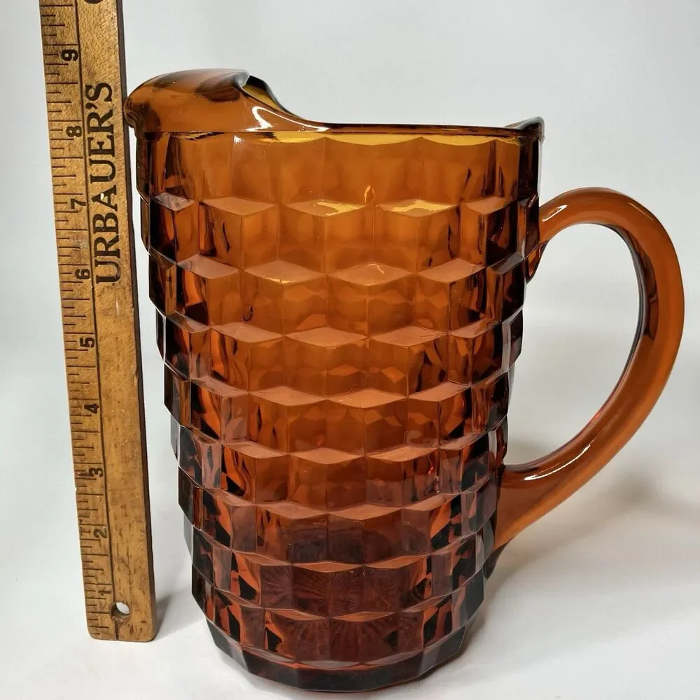 Vtg Indiana Glass Amber Cubist Pitcher 8 1/2